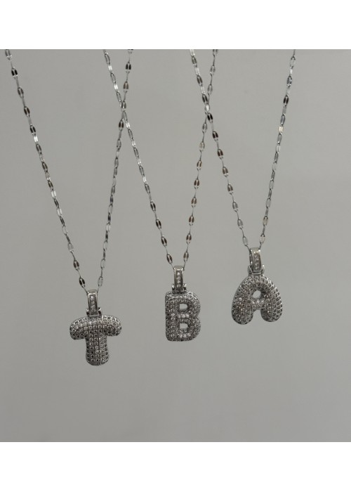 Taşlı Silver Bubble Harf Çelik Kolye 