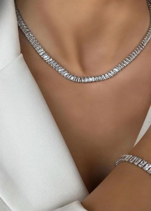 Baget Taşlı Kolye Bileklik Kombini Silver