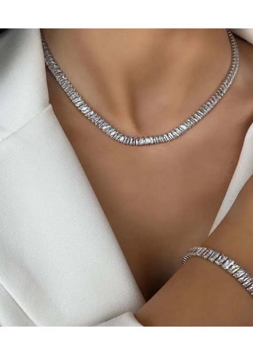 Baget Taşlı Kolye Bileklik Kombini Silver